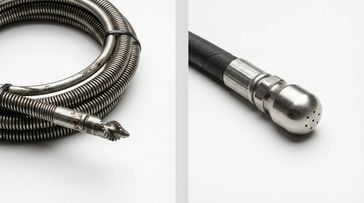 Drain snake cable and hydro jetting nozzle used for drain cleaning in Scott City, KS