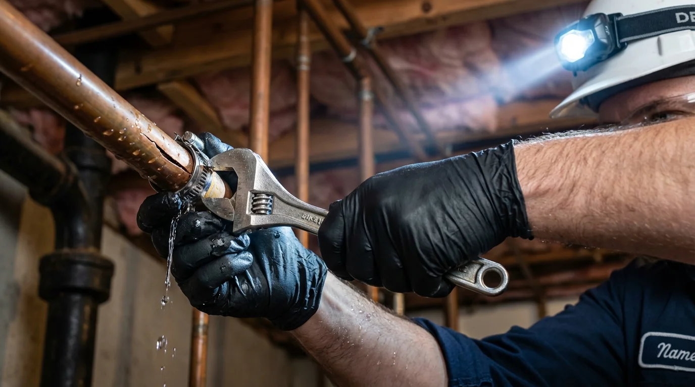 Emergency pipe clamp repair being performed by a Johns Plumbing LLC plumber in Scott City