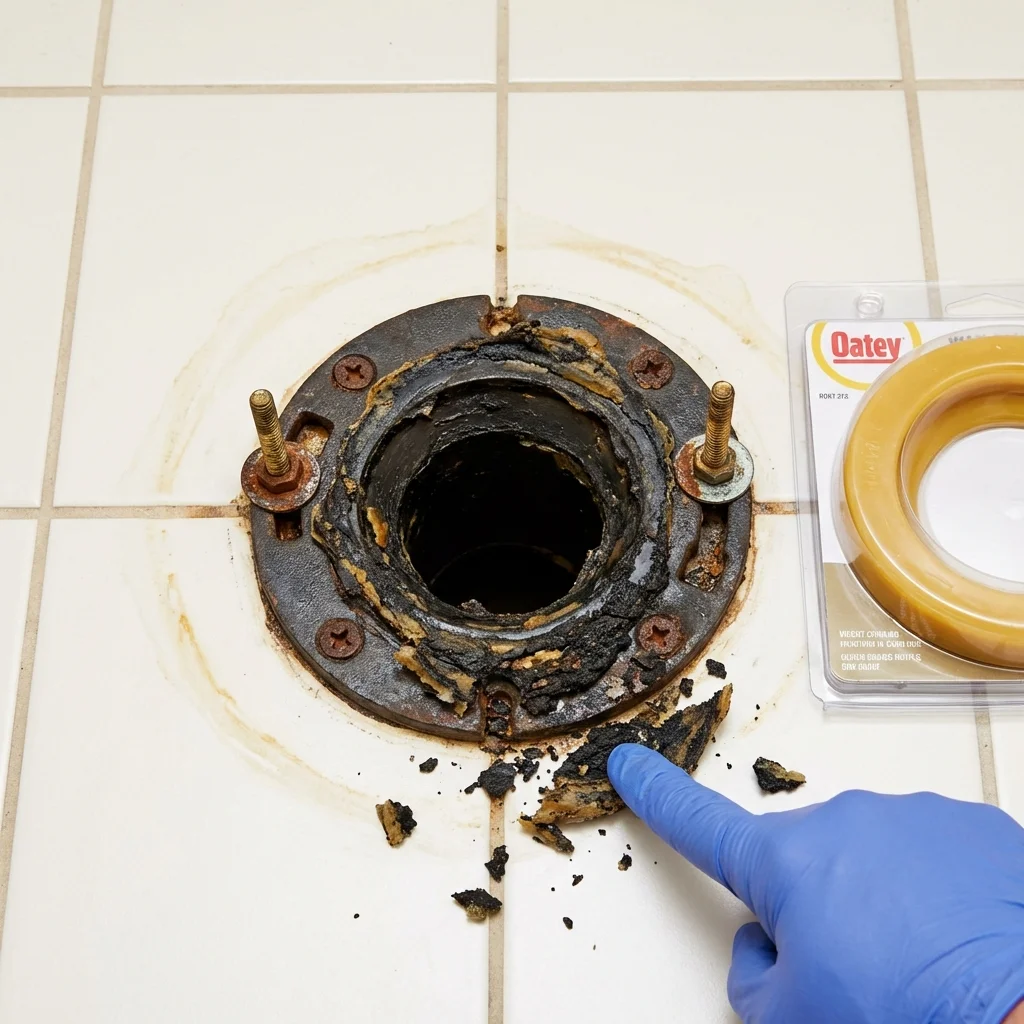 Failed wax ring showing water seepage at the base of a toilet in a Scott City, KS home