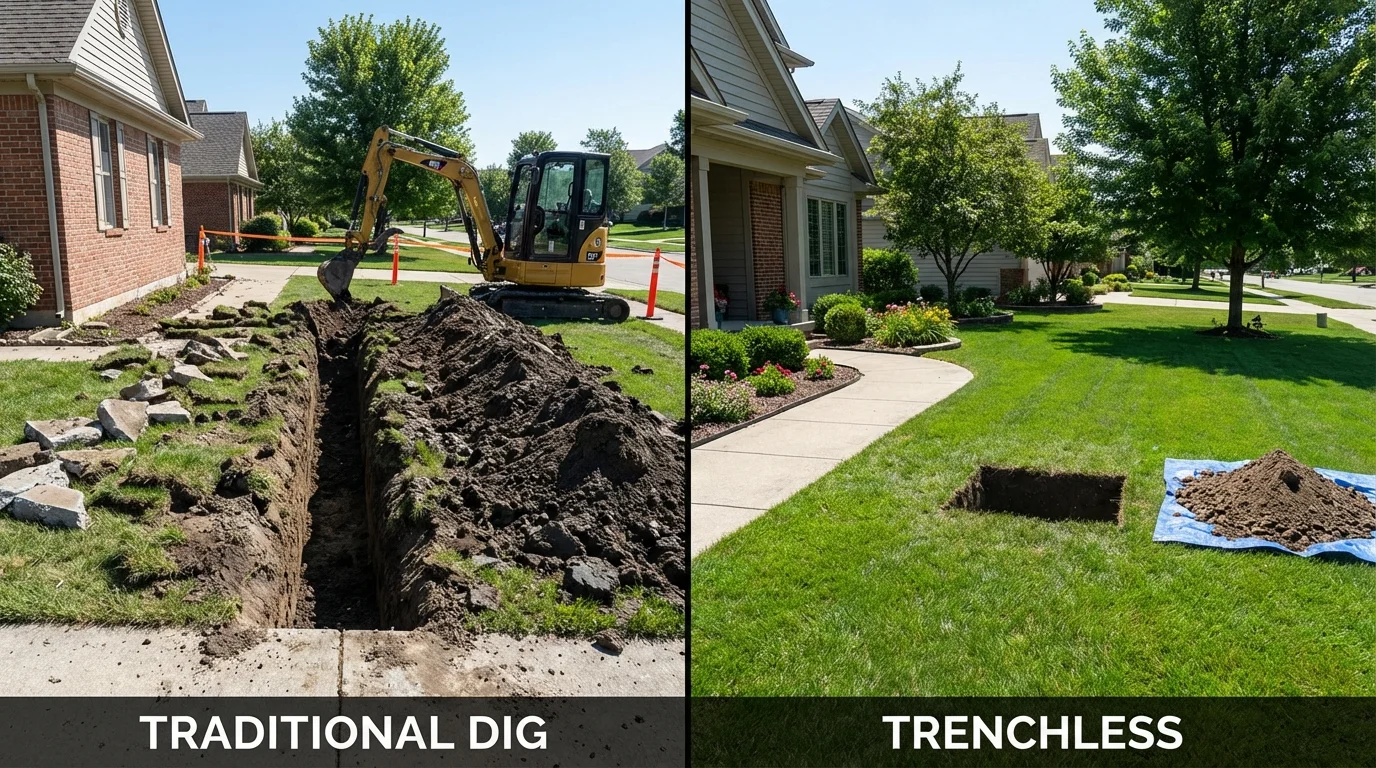 Trenchless sewer repair with minimal yard damage versus traditional excavation in Scott City, KS