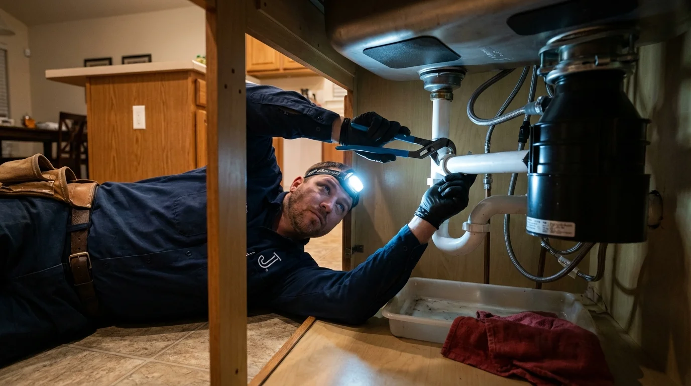 P-trap and supply line connections under a kitchen sink showing a common leak point in Scott City, KS